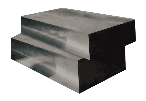 Steel block labeled H13, known for its high toughness and resistance to thermal fatigue.