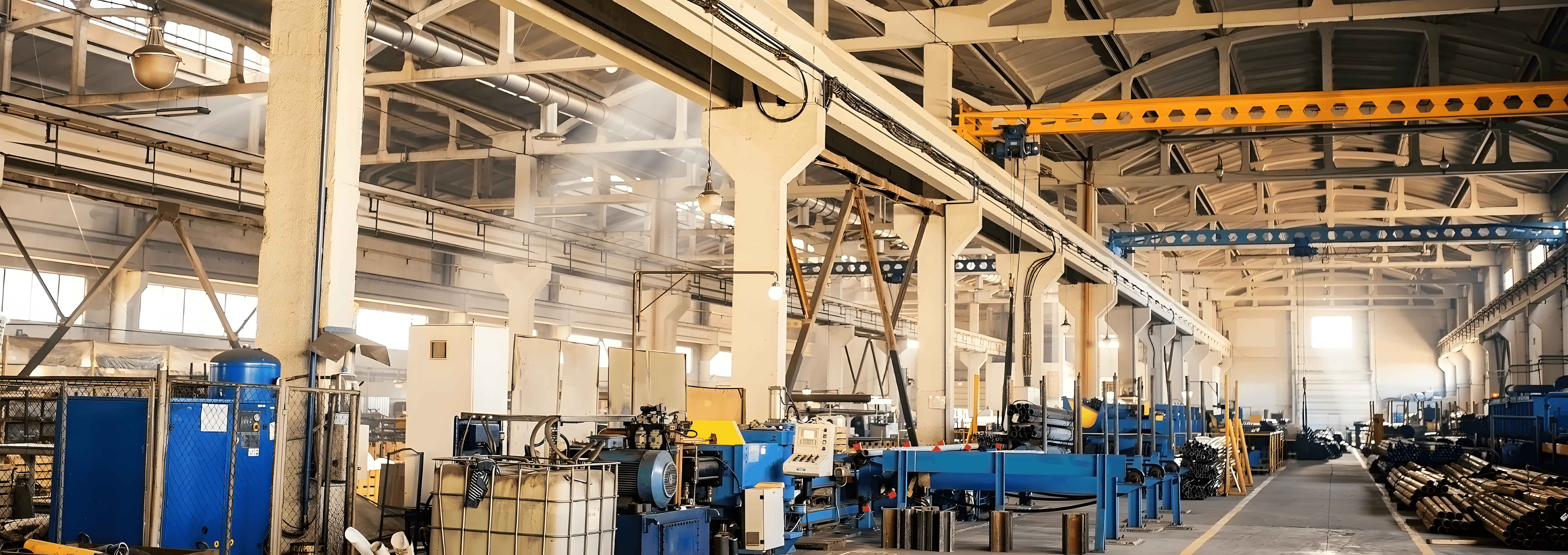 داخل ورشة عمل صناعية حيث من المرجح أن يتم تصنيع قضبان الطحن أو معالجتها، وتتميز بالآلات والمعدات في منشأة واسعة.