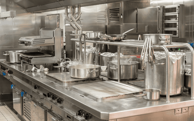 Stainless steel kitchen equipment and countertops.