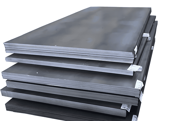 Steel plates labeled DH 36, used in shipbuilding for their high strength and durability.