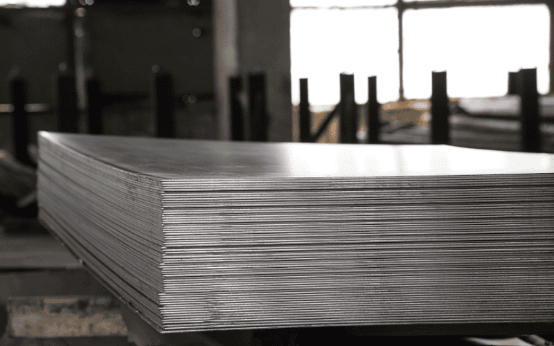 Stack of stainless steel plates in a warehouse.