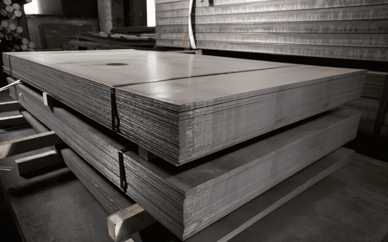 Stacks of stainless steel sheets in a warehouse.