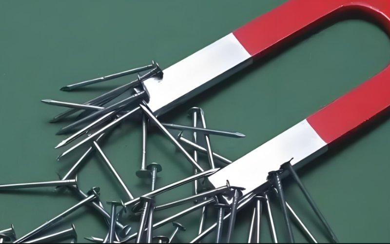 A red and white U-shaped magnet holds onto some stainless steel nails.