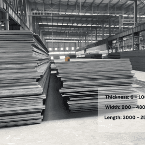 A large number of P265GH Steel plates are neatly stored in the warehouse. Thickness: 6 – 100 mm Width: 900 – 4800 mm Length: 3000 – 25000 mm
