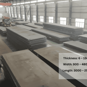 A large number of SB410 Steel plates are neatly stored in the warehouse. Thickness: 6 – 150 mm Width: 900 – 4800 mm Length: 3000 – 25000 mm