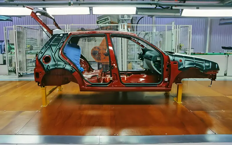 O carro vermelho está sendo fabricado pelo trabalhador com aço de plasticidade induzida por geminação (TWIP).