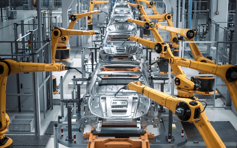 A group of yellow operating robots generate a large number of cars using different steel materials.