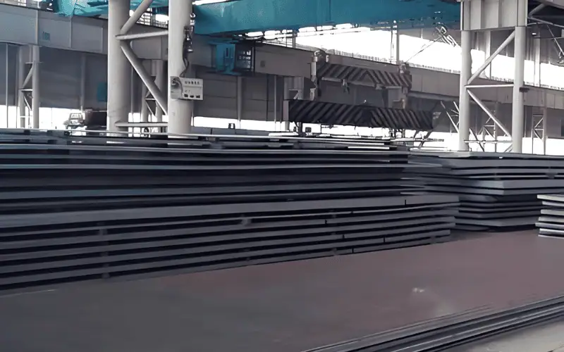 Large stacks of steel plates in an industrial warehouse environment.