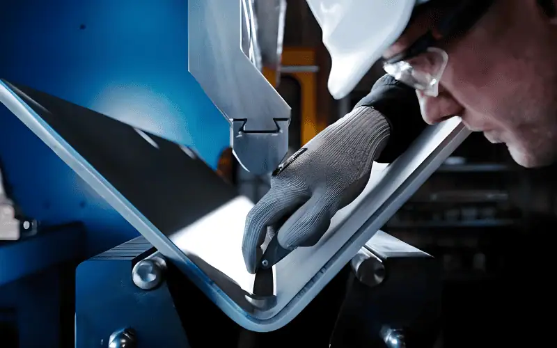 A worker inspects the bending of a metal sheet with precision tools, focusing on quality control in industrial manufacturing.