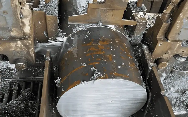 A process of cutting galvanized steel using a large industrial saw, showcasing metal chips and cutting fluid.