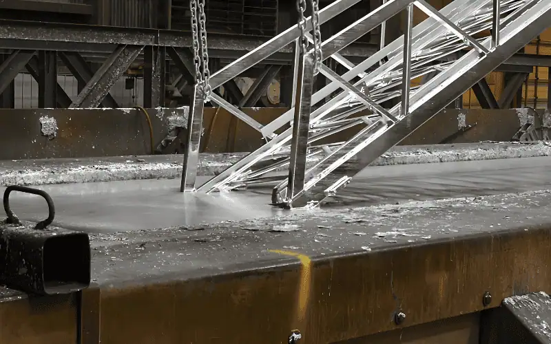 A steel frame undergoing hot-dip galvanization in a factory setting, showcasing the immersion in molten zinc.