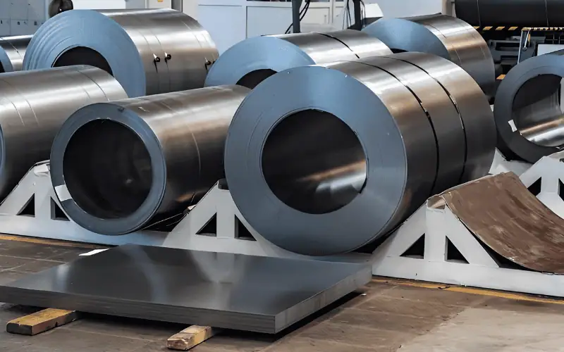 Several rolls and sheets of low alloy steel in a manufacturing facility.