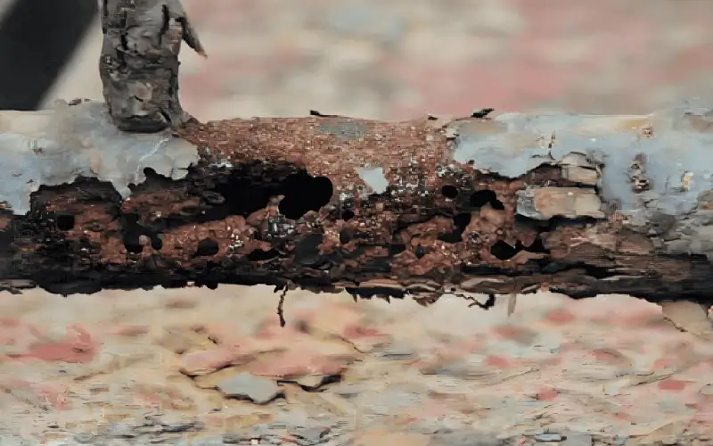 Heavily corroded metal pipe with rust and decay.