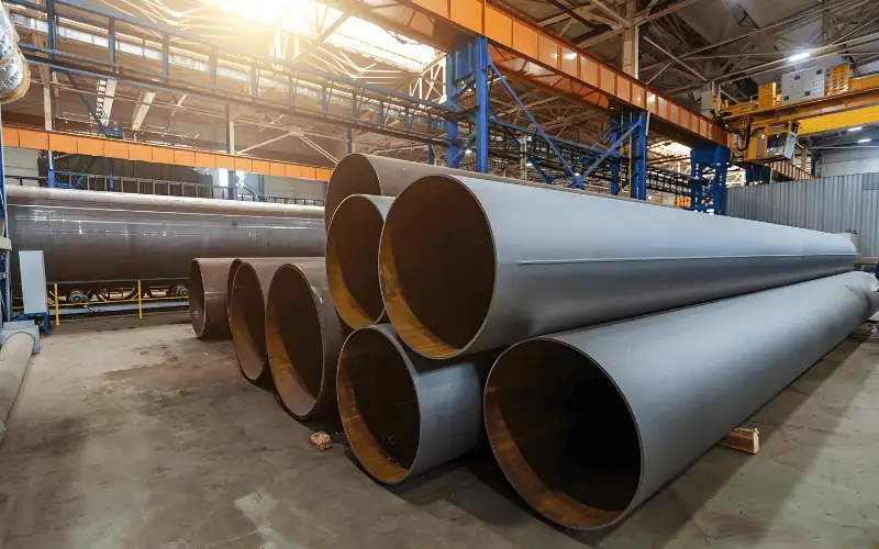 Large galvanized steel pipes stored in an industrial warehouse, illustrating methods to protect them from rust.