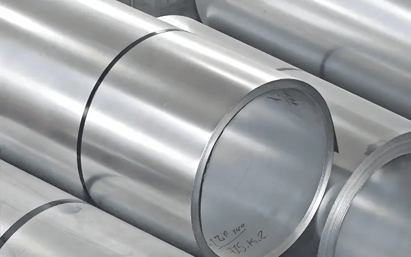 Several rolls of galvanized steel coils, commonly used in construction and manufacturing due to their corrosion-resistant properties.