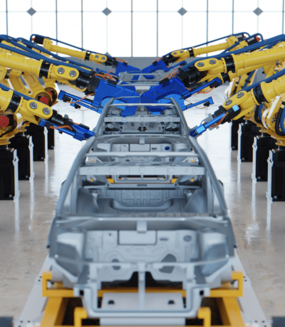 Robotic arms assembling a car frame in a factory.