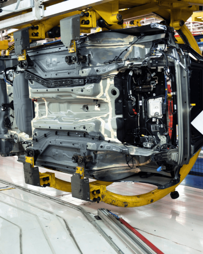 Automobile chassis on an assembly line in a factory.