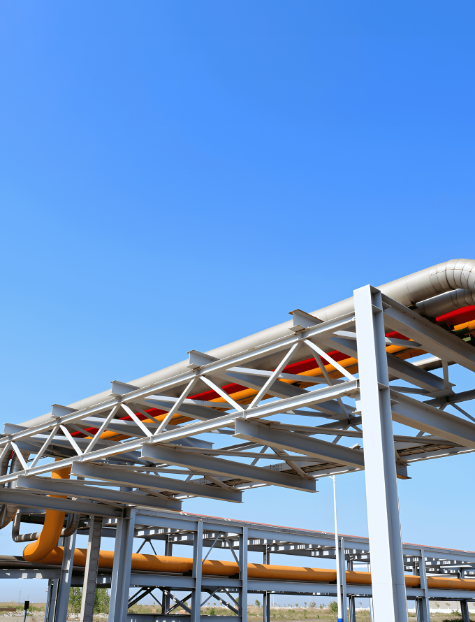 An outdoor industrial structure with a network of elevated pipelines supported by metal beams against a clear blue sky.