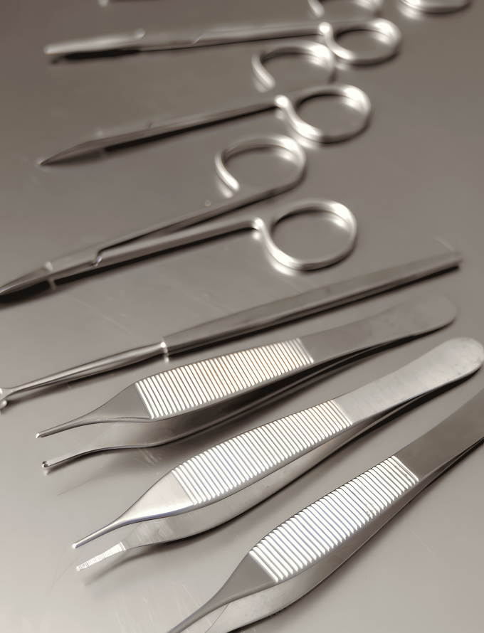 Stainless steel surgical instruments laid out on a surface, highlighting the precision and hygiene benefits of stainless steel bars in medical applications.