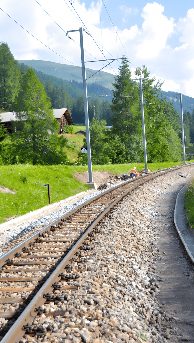 Gebogene Eisenbahnstrecke in einer landschaftlich reizvollen Gegend, die die Verwendung von Stahl für Schienen und Waggonkästen veranschaulicht.