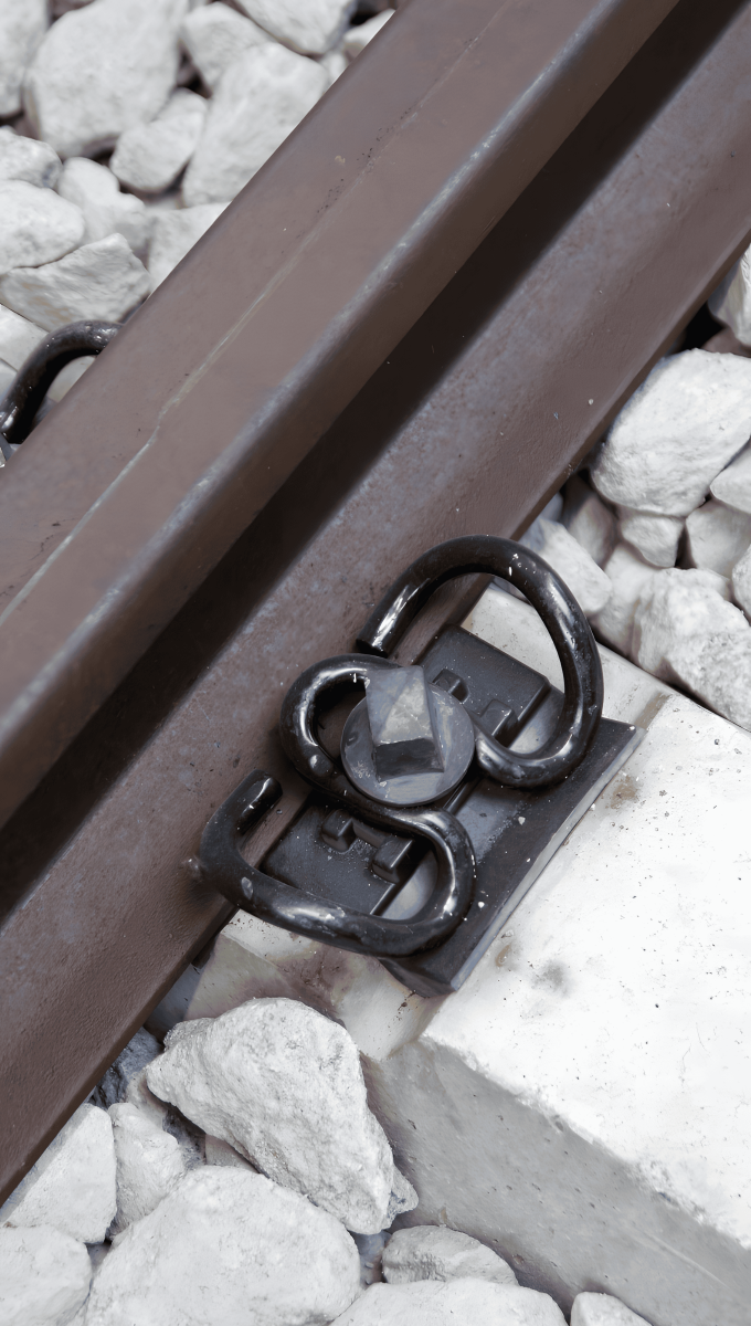 Close-up of rail track fastening system using steel for rail tracks and railway car bodies.