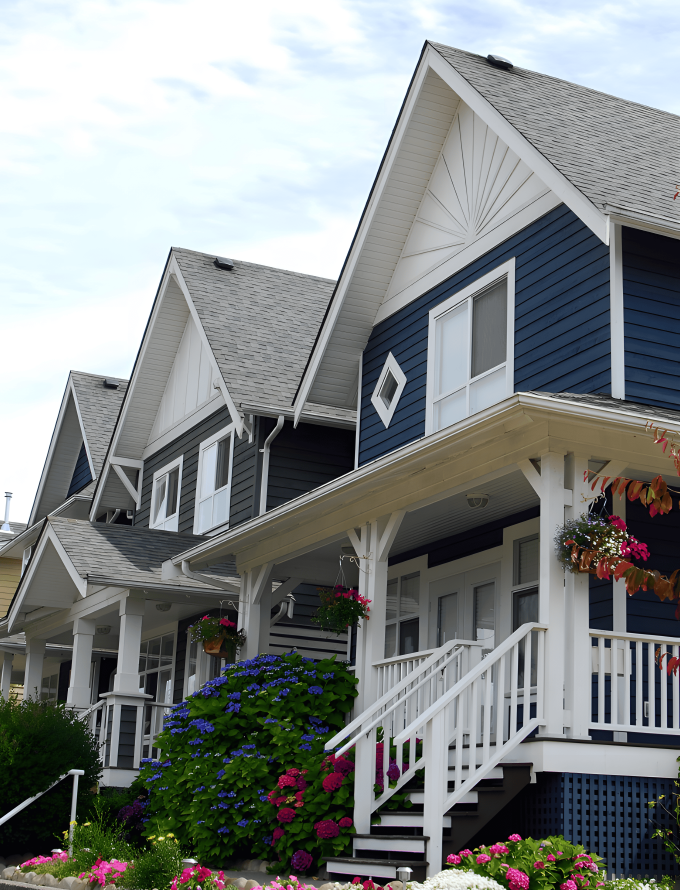 A row of modern, blue-painted houses with white trim, featuring front porches and well-maintained gardens, illustrating residential construction.