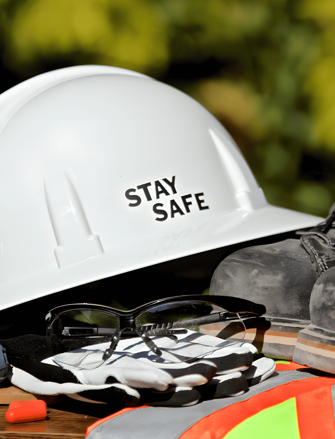 A collection of safety gear including a white hard hat with the words "STAY SAFE" printed on it, safety glasses, work gloves, earplugs, and a high-visibility vest, arranged on a wooden surface with a blurred green background.