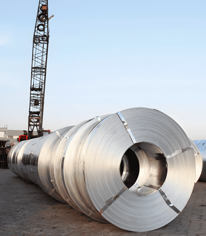 Large coil of advanced high strength steel ready for industrial use, with a crane in the background.