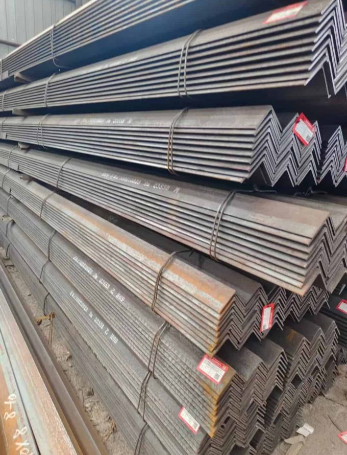 Bundled medium carbon steel angles, ideal for structural and industrial applications.
