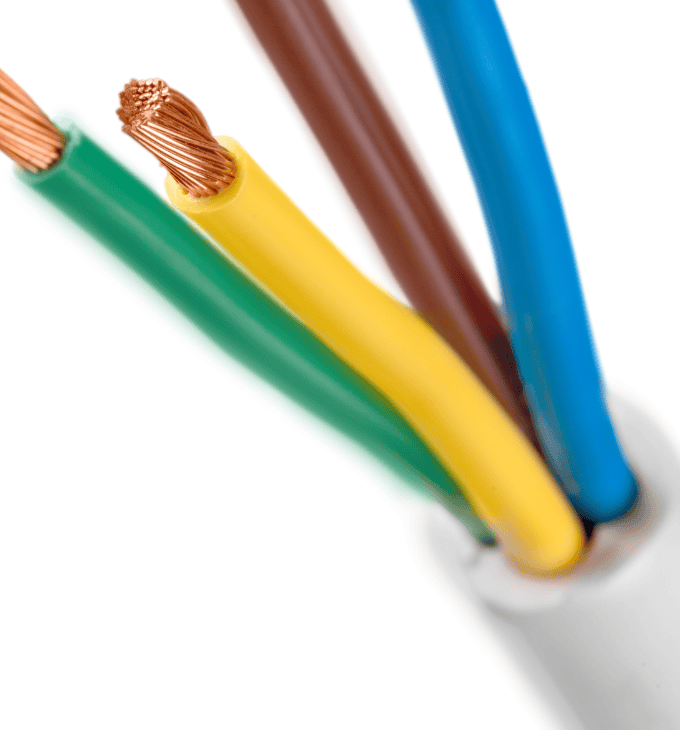 Close-up of color-coded electrical wires, with exposed copper strands at the ends, highlighting the green, yellow, brown, and blue insulation.