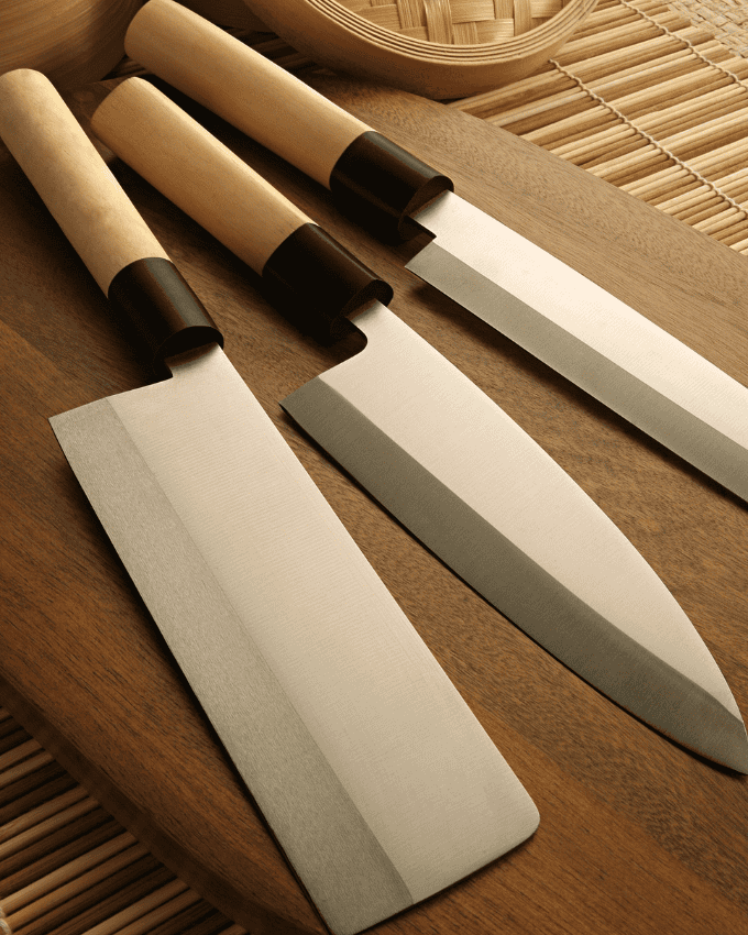 Three Japanese kitchen knives with wooden handles on a wooden cutting board.