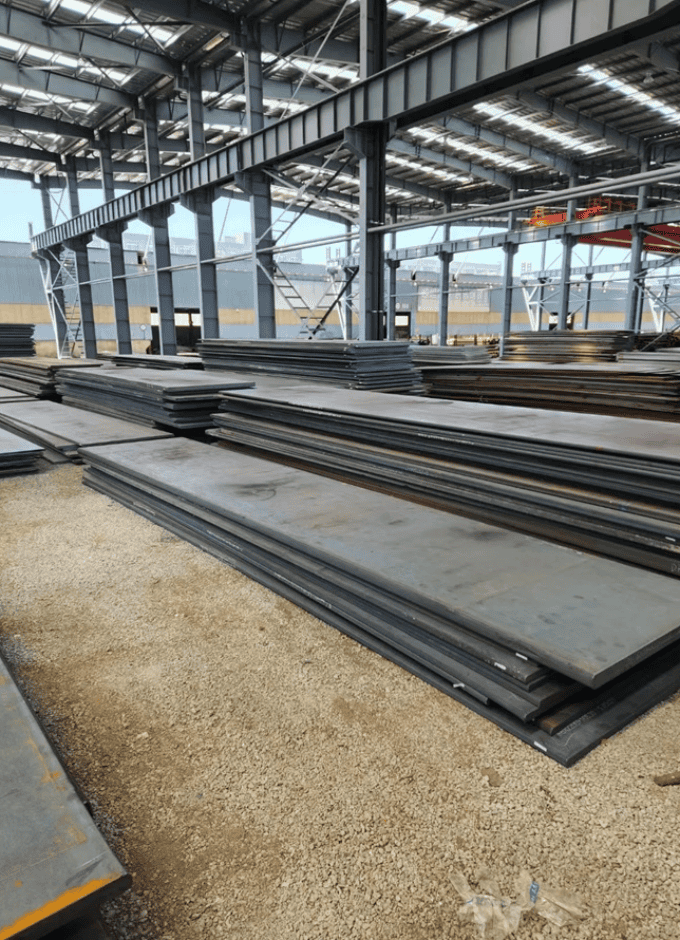 High carbon steel plates stored in a facility, emphasizing their strength and wear resistance.