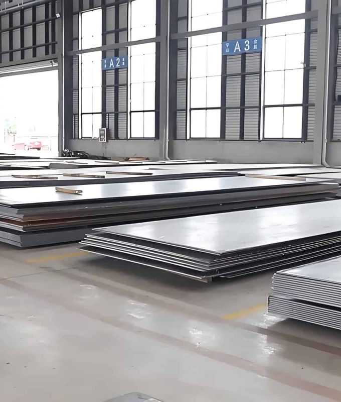 Multiple stacked ultra-high strength steel plates are stored in the factory