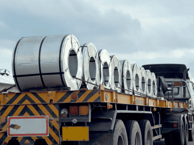 Steel coils loaded securely on a truck for transport.