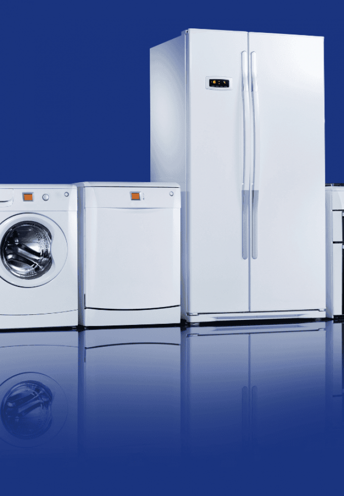 Lineup of white household appliances against a blue background, including a washing machine, dishwasher, refrigerator, and oven.