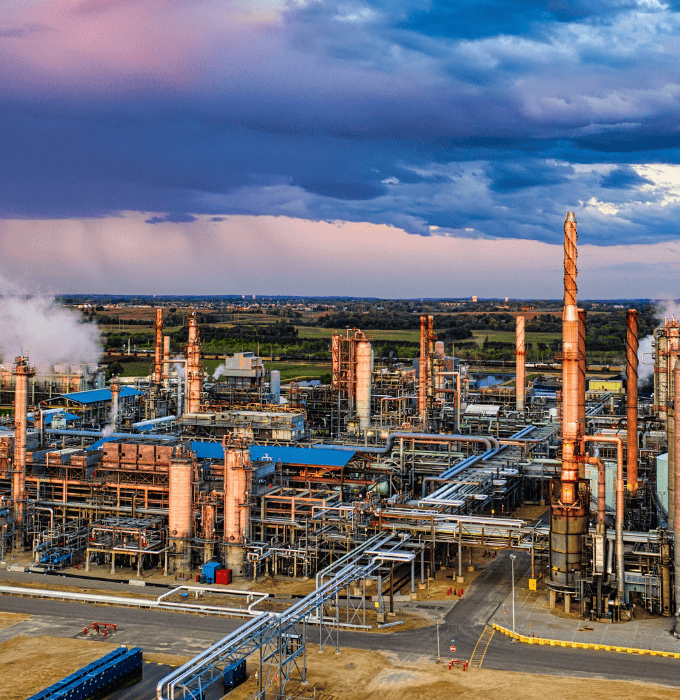 Aerial view of an industrial refinery complex with smokestacks and pipelines.