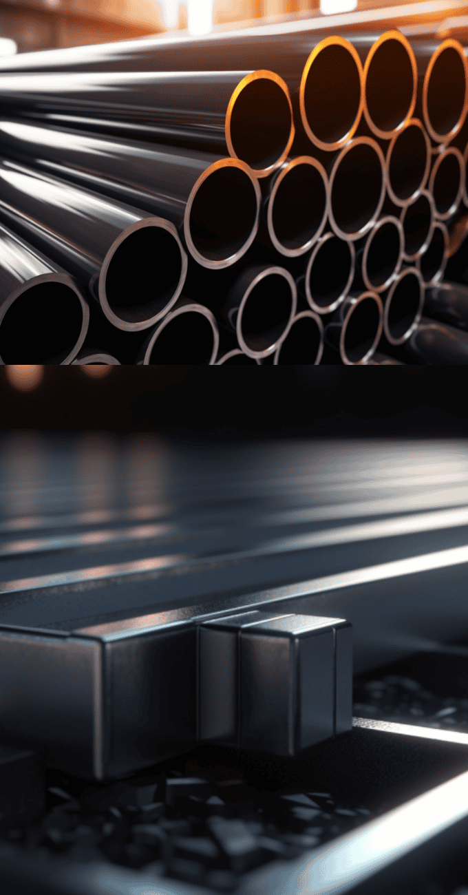 Stack of metal pipes and bars in a warehouse.