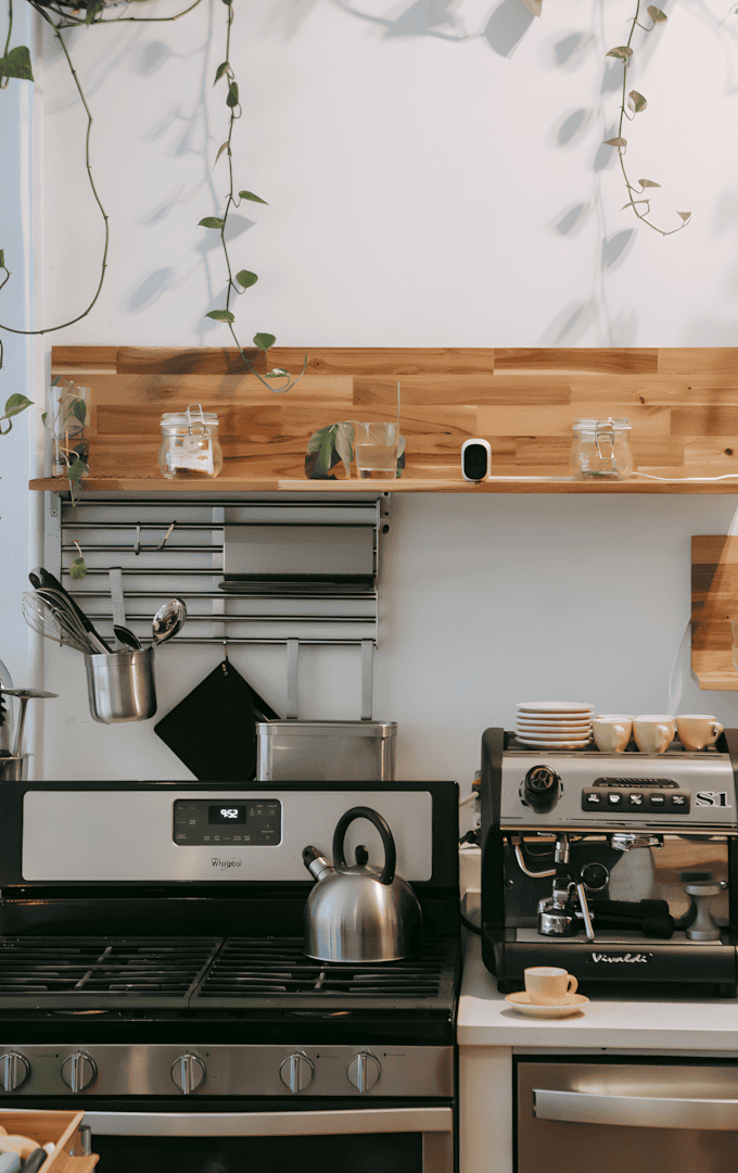 A modern kitchen setup featuring stainless steel appliances and accessories, highlighting the use of steel bars for durability and aesthetics.