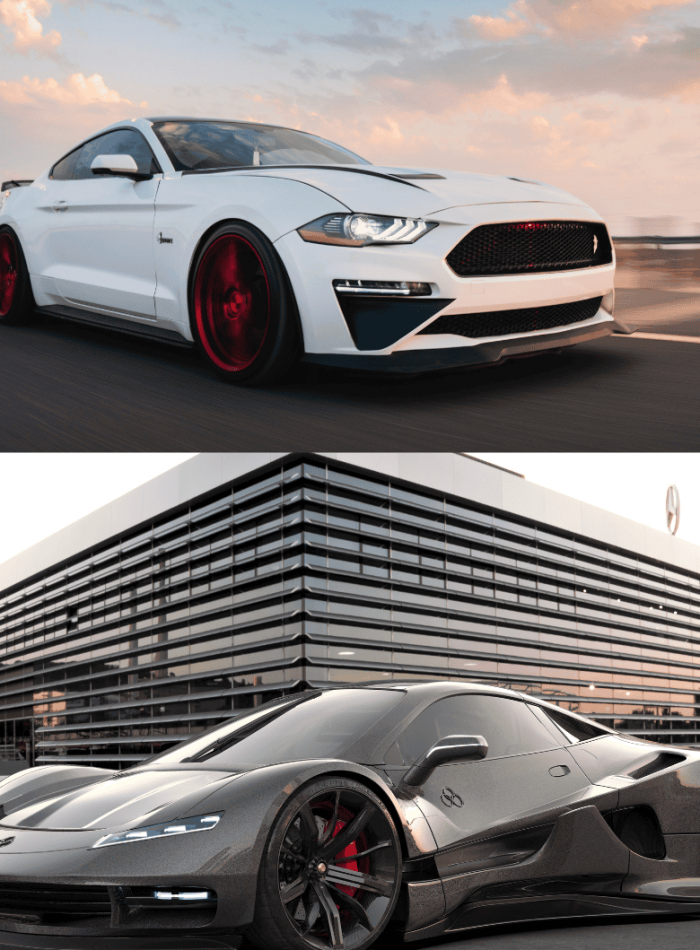 Two sports cars: a white one on a road and a black one in front of a modern building.